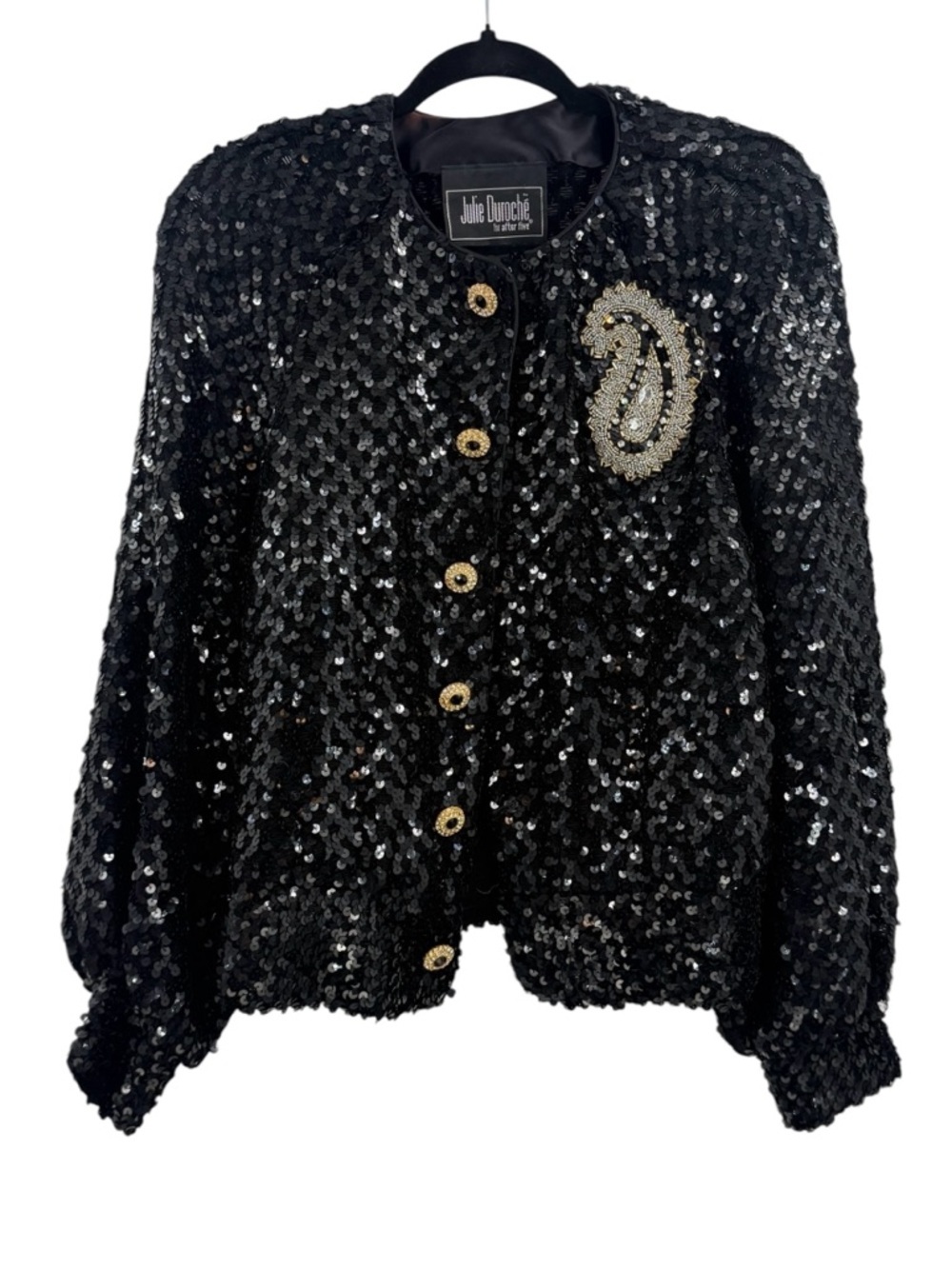 Vintage Julie Duroché Sequin Jacket Black Beaded Paisley Evening Blazer Glam 80s